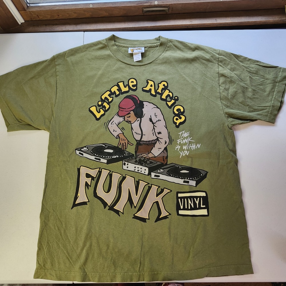 Funk Shirt Mens Large Green Little Africa DJ Vinyl Graphic Music Tee Turntable